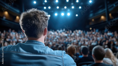 A person, seen from behind, observes a concert from the middle of a crowd, with bright blue lights creating an immersive and vibrant atmosphere full of excitement.