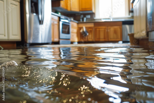 Closeup view of a waterlogged kitchen floor with 3 inches of water. Water damage to home. Furniture in water.