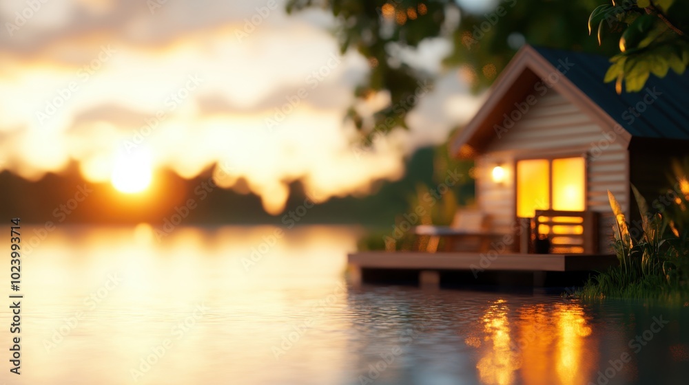 Fototapeta premium Rustic lakeside cabin with porch reflecting on tranquil water during sunset, creating a peaceful and idyllic scene that evokes harmony and natural beauty.
