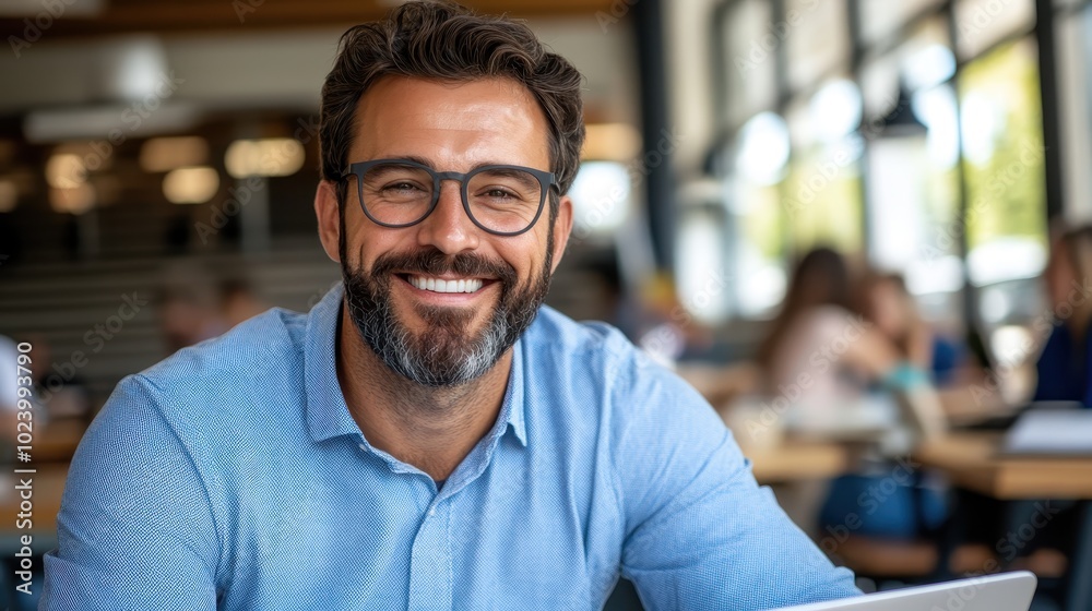 A smiling man wearing glasses in a blue shirt is seated in a relaxed workspace, suggesting creativity and openness, with blurred people in the background working. A smiling man wearing glasses in a blue shirt is seated in a relaxed workspace, suggesting creativity and openness, with blurred people in the background working.