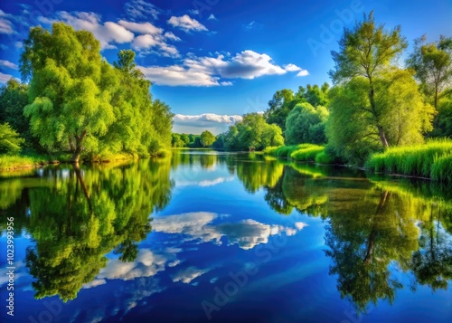 Tranquil Nature Scene with Lush Greenery, Clear Blue Sky, and Serene Water Reflection in Nature