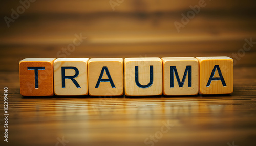 the word trauma written on wooden cubes isolated with white highlights, png