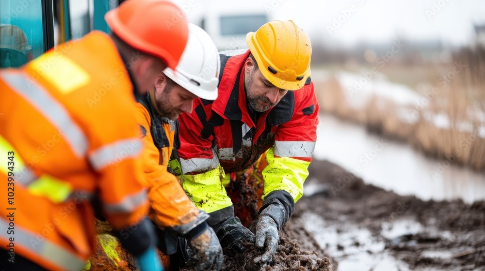Construction workers discern challenges posed by muddy terrain near a road, showcasing emphasis on problem-solving and attention to detail in tough conditions. Construction workers discern challenges posed by muddy terrain near a road, showcasing emphasis on problem-solving and attention to detail in tough conditions.