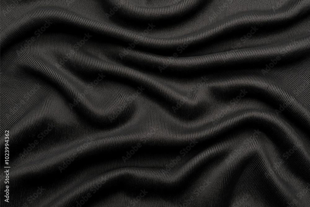 Obraz premium The image displays a black fabric featuring undulating, flowing wave patterns, creating a textured and abstract aesthetic with an emphasis on natural movement and depth.