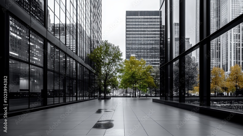Obraz premium An urban scene captures a park view through the glass facade of a building, blending natural elements with contemporary city life amidst a modern skyline.
