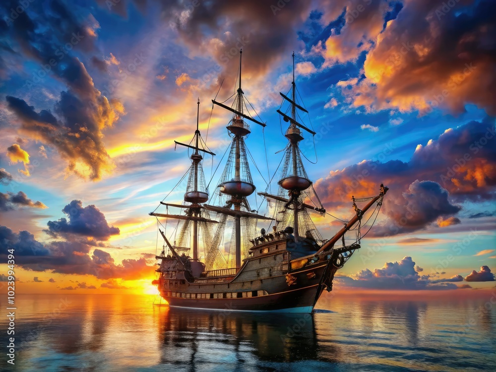 Obraz premium Under a brilliant sunset sky, the majestic Blackbeard ship sails smoothly across tranquil waters, capturing the essence of adventure and the beauty of nature's palette.