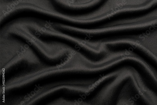 The image displays a black fabric featuring undulating, flowing wave patterns, creating a textured and abstract aesthetic with an emphasis on natural movement and depth.