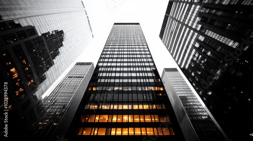 A striking black and white image focused on modern skyscrapers, highlighting their elegance and modernity in an ever-growing urban environment filled with ambition.