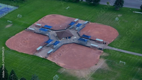 Aerial Springville Utah urban recreation baseball fields. Central Utah city rapidly growing population, homes, business and schools. Neighborhood parks and recreation fields. photo