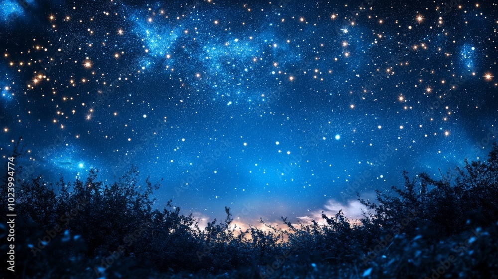 Naklejka premium A breathtaking view of a starry night sky filled with twinkling stars and deep blue tones above a serene landscape