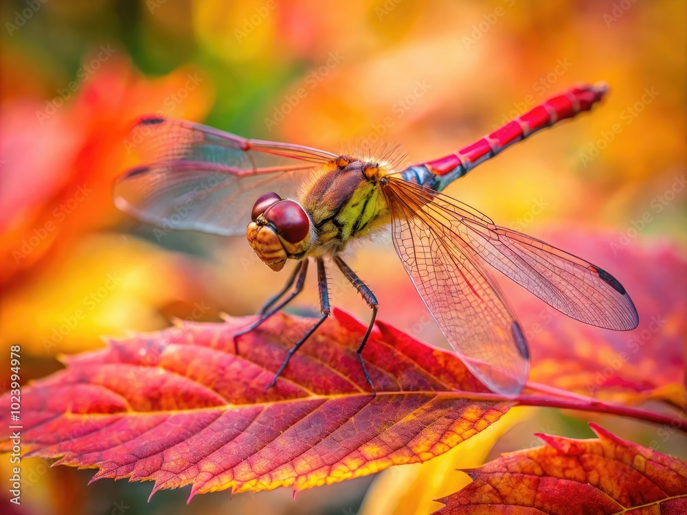 Vibrant Autumn Meadowhawk Dragonfly Perched on a Leaf in a Colorful Fall Landscape Scene Vibrant Autumn Meadowhawk Dragonfly Perched on a Leaf in a Colorful Fall Landscape Scene