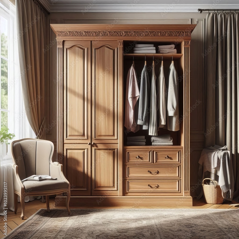 Wardrobe with doors and shelves made of brown wood in a home interior featuring an antique design, closed doors, and a cabinet against the wall near a window Wardrobe with doors and shelves made of brown wood in a home interior featuring an antique design, closed doors, and a cabinet against the wall near a window