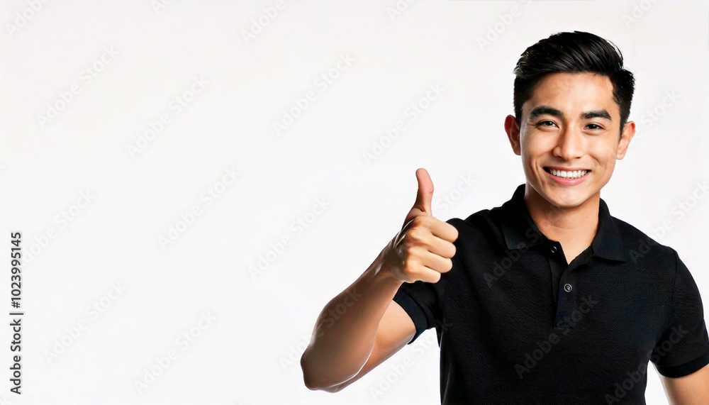 A East Asian man wearing a black polo shirt is giving a thumbs up against a white background. A East Asian man wearing a black polo shirt is giving a thumbs up against a white background.