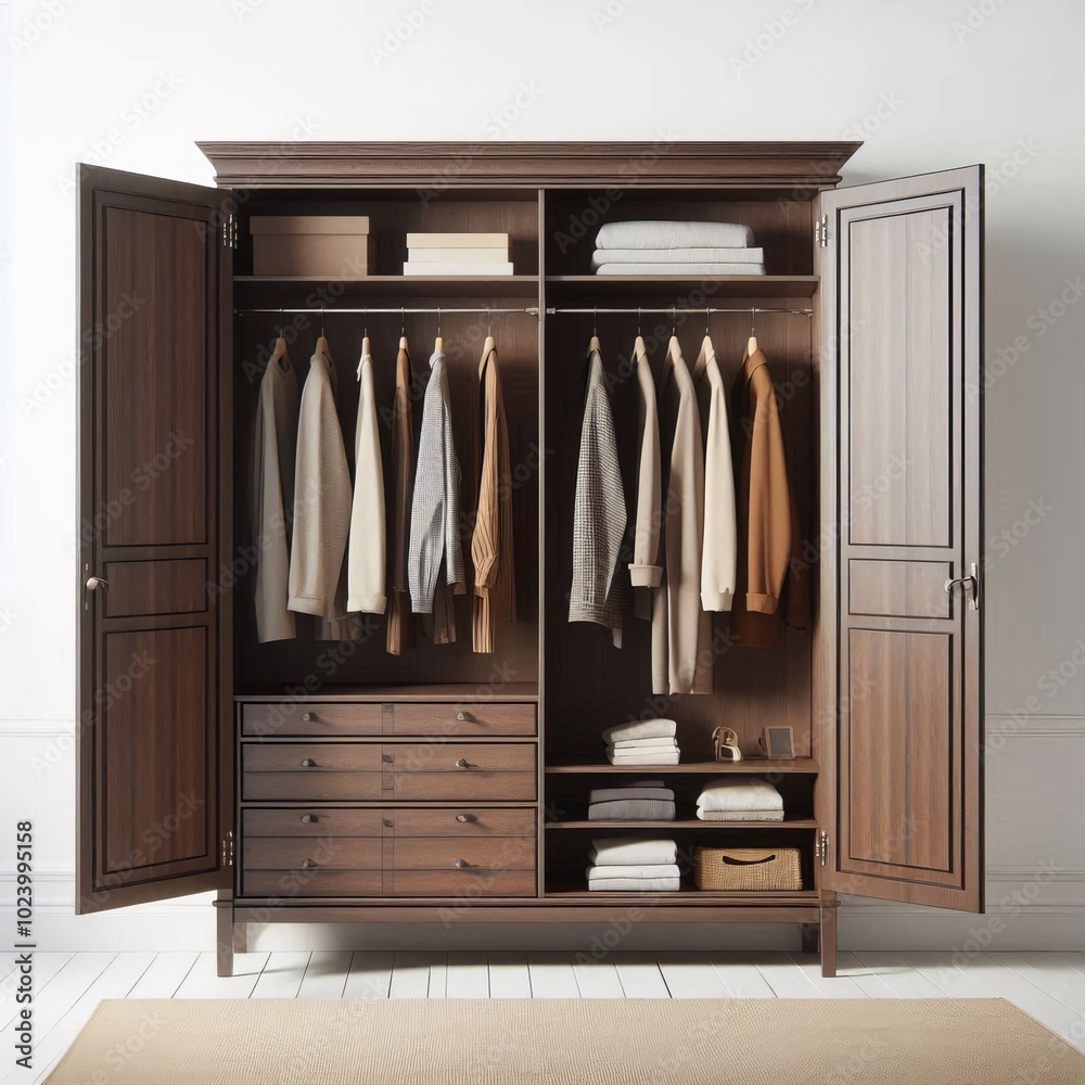 Wardrobe with doors and shelves made of brown wood in a home interior featuring an antique design, closed doors, and a cabinet against the white wall Wardrobe with doors and shelves made of brown wood in a home interior featuring an antique design, closed doors, and a cabinet against the white wall
