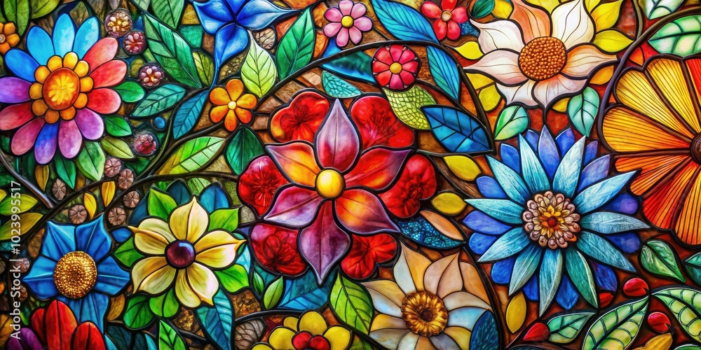Vibrant floral motifs in stained glass serve as artistic inspiration, ideal for decorative projects, bringing color and elegance to various creative endeavors and design applications.