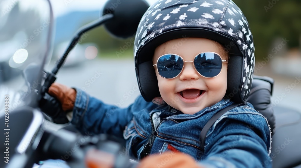 An adorable baby wearing a stylish helmet with a pattern and sunglasses smiles broadly while seated on a motorbike, blending cuteness and coolness effortlessly. An adorable baby wearing a stylish helmet with a pattern and sunglasses smiles broadly while seated on a motorbike, blending cuteness and coolness effortlessly.