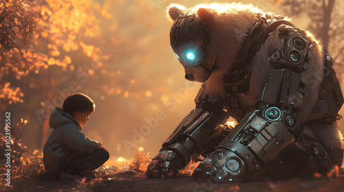 A Young Boy Encounters a Giant Bear with Robotic Augmentations in a Forest