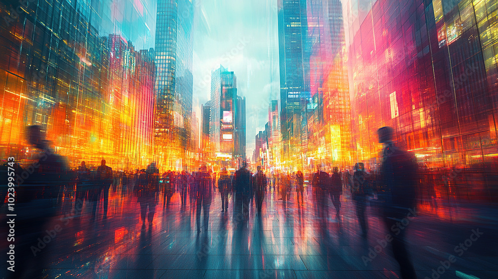 Double exposure of a digital identity, a city street view with business people walking in motion blur Double exposure of a digital identity, a city street view with business people walking in motion blur