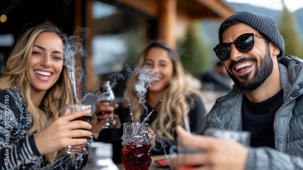 A group of friends enjoys their time together at an outdoor cafe, laughing and sharing drinks, embodying joy, camaraderie, and vibrant social interaction. A group of friends enjoys their time together at an outdoor cafe, laughing and sharing drinks, embodying joy, camaraderie, and vibrant social interaction.