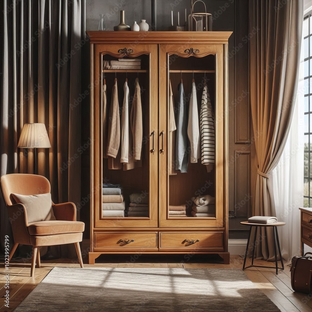 A modern luxury hotel room featuring elegant furniture, a stylish wardrobe, and a window adorned with curtains, creating a beautifully decorated interior with warm lighting and classic design elements A modern luxury hotel room featuring elegant furniture, a stylish wardrobe, and a window adorned with curtains, creating a beautifully decorated interior with warm lighting and classic design elements