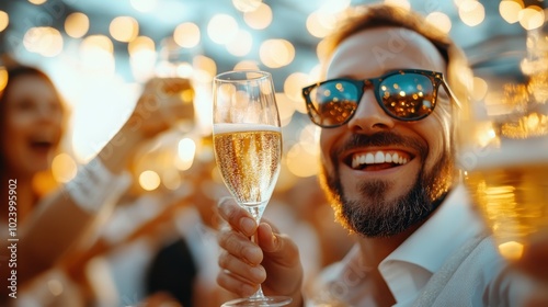 A smiling man adorned with sunglasses raises a champagne flute in a lively environment filled with cheers and bright decorative lights, embodying joyful celebration.