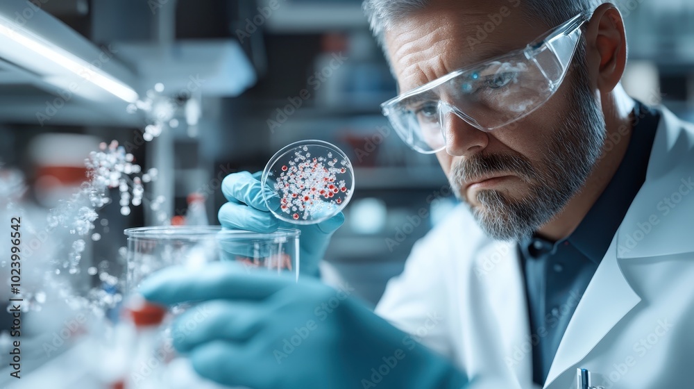 A driven scientist meticulously studies intricate molecular models in a state-of-the-art laboratory, suggesting breakthroughs and innovative research in chemistry.
