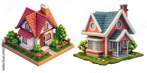 Fototapeta Naklejka Na Ścianę i Meble -  set of cute craftsman house. isometric. 3D cartoon animation style.