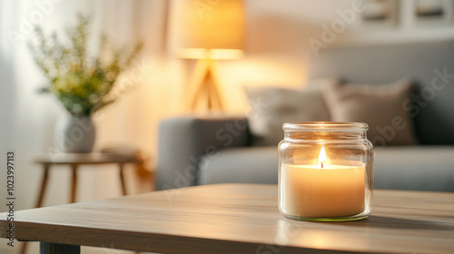 A close up shot of round glass jar with flickering candle, creating warm and inviting atmosphere in cozy living room. soft glow enhances serene ambiance