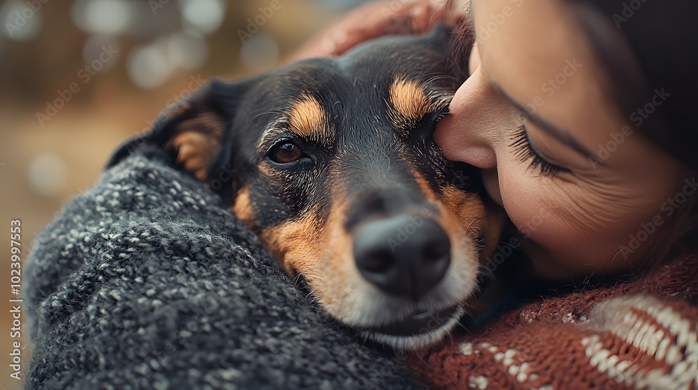 Close-up of happy adopted dog resting in its owner’s loving arms. Woman kissing her new four paws friend. Trust and affection from pet adoption