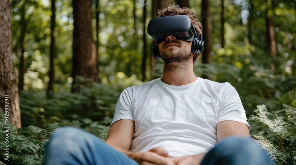 A solitary man engrossed in a peaceful virtual reality experience in a dense forest setting. The image captures a serene blend of nature and cutting-edge technology. A solitary man engrossed in a peaceful virtual reality experience in a dense forest setting. The image captures a serene blend of nature and cutting-edge technology.