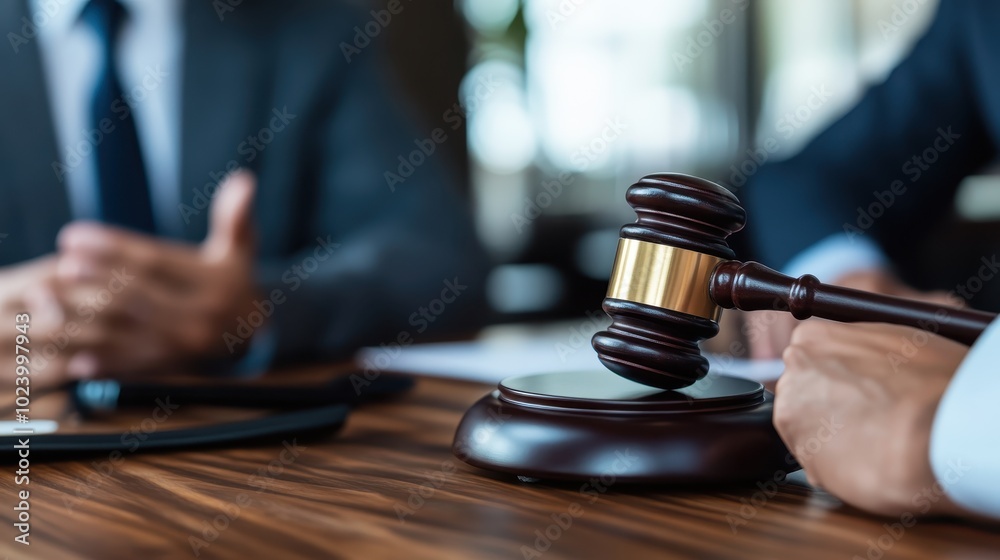 Two individuals in business attire are engaged in an important conversation, with a gavel on the table indicating the legal context of the meeting. Two individuals in business attire are engaged in an important conversation, with a gavel on the table indicating the legal context of the meeting.