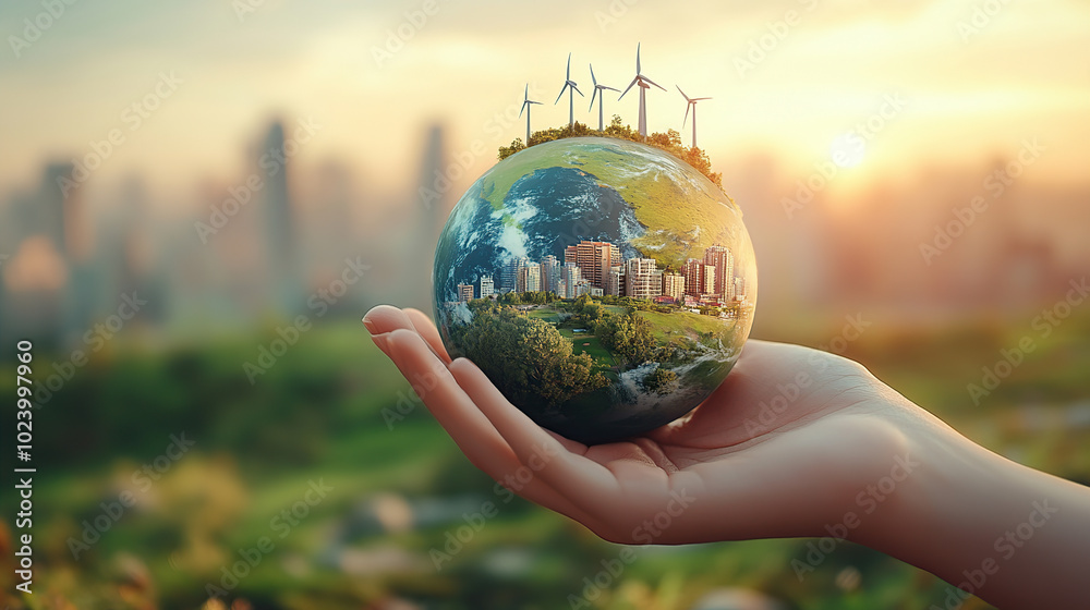 Hand holding the Earth with a green city and wind power plant on it, a World Environment Day concept Hand holding the Earth with a green city and wind power plant on it, a World Environment Day concept