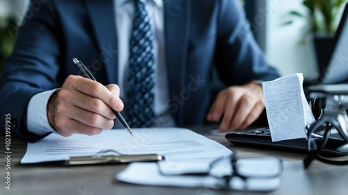 An individual in business attire is meticulously reviewing paperwork at a desk, with a calculator and glasses symbolizing precision and clarity in calculations.