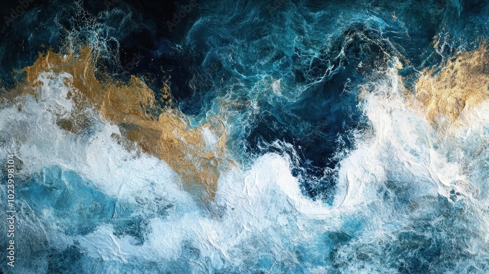 Abstract Ocean Painting with Blue, White, and Gold Swirls Abstract Ocean Painting with Blue, White, and Gold Swirls