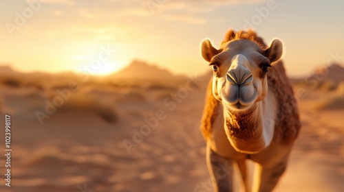 A single camel stands amidst a vast desert landscape, with the sun setting in the background, its warm glow casting a serene yet captivating ambiance.