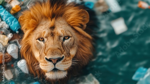 A lion swims in water filled with floating trash, symbolizing the urgent ecological crisis caused by human waste and emphasizing the need for sustainable practices. photo