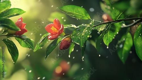 Red Flower with Water Drops on Green Leaves - Nature Photography