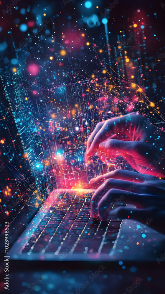 Hands Typing on Laptop Keyboard with Glowing Cityscape Network Overlay Hands Typing on Laptop Keyboard with Glowing Cityscape Network Overlay
