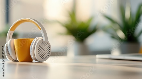 White headphones are positioned creatively on a vibrant yellow mug, harmonizing comfort and style in a bright setting, ideal for casual and aesthetic appeal. photo