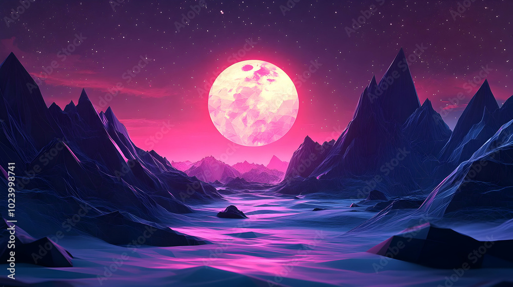 Neon Pink Moon Illuminates Geometric Mountain Landscape at Night Neon Pink Moon Illuminates Geometric Mountain Landscape at Night