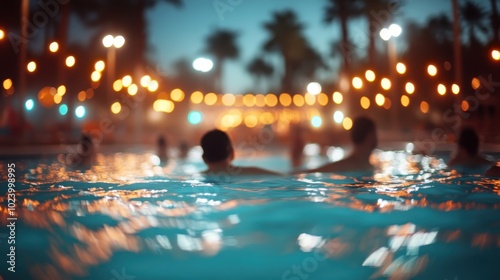 A group of people socializes in an illuminated pool setting, surrounded by glowing lights and palm silhouettes, capturing a warm and lively evening ambiance. photo