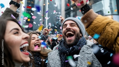 A group of people are joyfully immersed in a dynamic celebration, colorful confetti flowing around them, showcasing the shared happiness and vivacious spirit of the event.