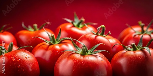 A Close-Up Display of Plump, Vibrant Red Tomatoes with Dew Drops, Against a Bold Red Background, Capturing the Essence of Freshness and Juiciness.