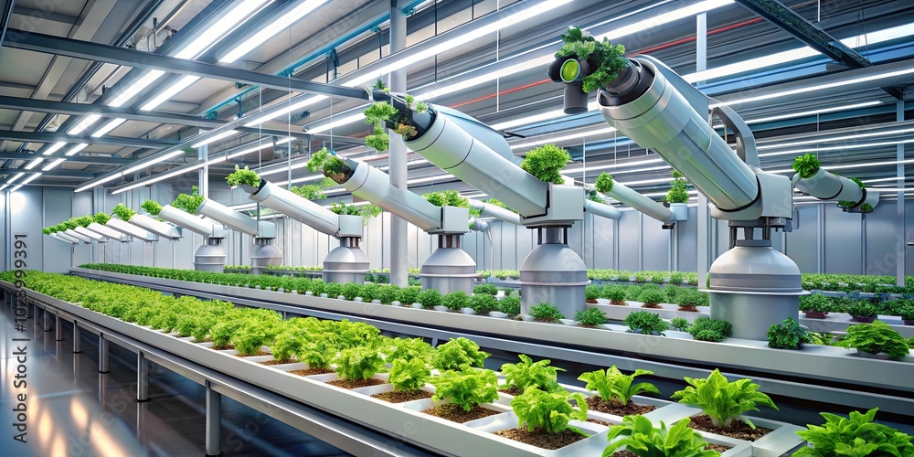 A futuristic hydroponic farm with automated robotic systems tending to rows of lush greenery, showcasing a vision of sustainable urban agriculture. A futuristic hydroponic farm with automated robotic systems tending to rows of lush greenery, showcasing a vision of sustainable urban agriculture.