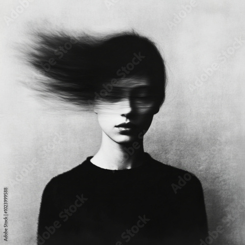 A black and white photograph of a woman, her face blurred, creating a sense of anonymity or motion. The background is empty and plain