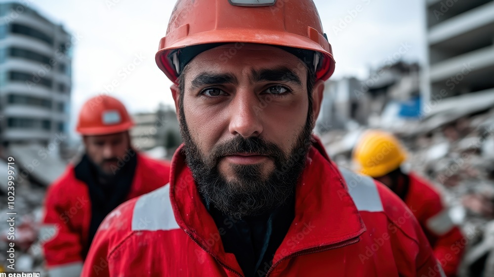 A determined construction worker, equipped with a red uniform and safety gear, participates in rebuilding activities following a major urban disaster, embodying hope and perseverance. A determined construction worker, equipped with a red uniform and safety gear, participates in rebuilding activities following a major urban disaster, embodying hope and perseverance.
