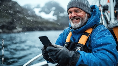 A smiling man wearing warm blue gear, gloves, and beanie, holds a smartphone, experiencing the joy of a snowy boat journey amidst cold landscapes.