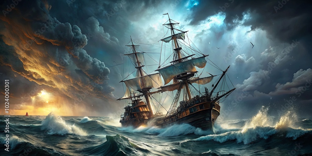 Fototapeta premium A weathered galleon with billowing sails navigates a stormy sea, illuminated by the golden glow of a distant sunset, as a lone seabird soars overhead.
