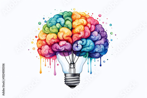 watercolor illustration of a brain inside colorful glowing a light bulb on a white background.Education innovating Idea Creative mind concept