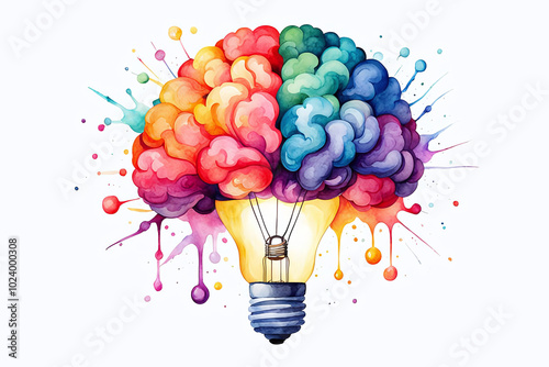 watercolor illustration of a brain inside colorful glowing a light bulb on a white background.Education innovating Idea Creative mind concept